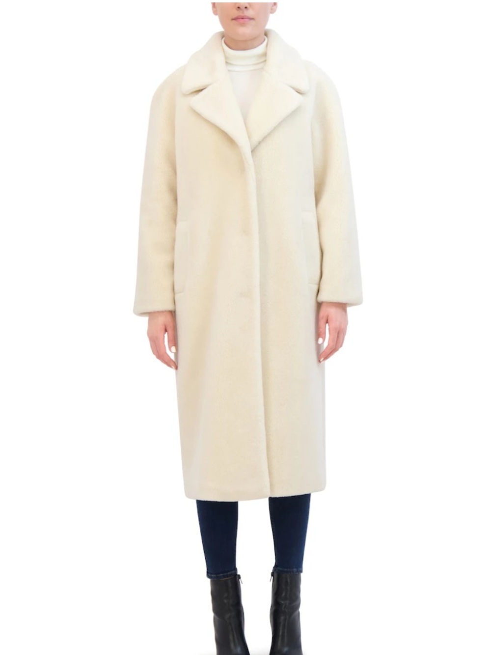 $428 REBECCA MINKOFF Faux Sherpa Teddy w/Notch Lapel Longline Coat in Birch L